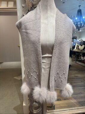 Wool Light Gray Knit Scarf with Natural Fox Fur Pom Pom Trim NWT